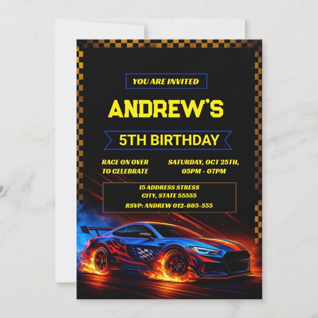 Invitación de cumpleaños de Racecar para chicos pe (Anverso)