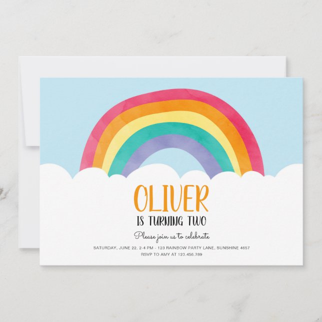 Invitación de cumpleaños de Rainbow Clouds Blue Bo (Anverso)