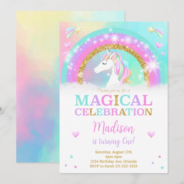 Invitación de cumpleaños de Rainbow Unicorn (Anverso / Reverso)