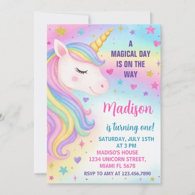 Invitación de cumpleaños de Rainbow Unicorn (Anverso)