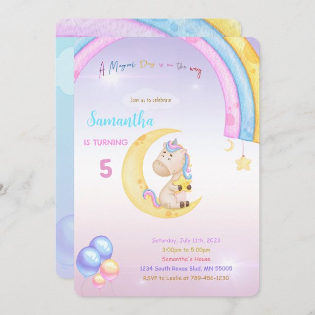 Invitación de cumpleaños de Rainbow Unicorn (Anverso / Reverso)