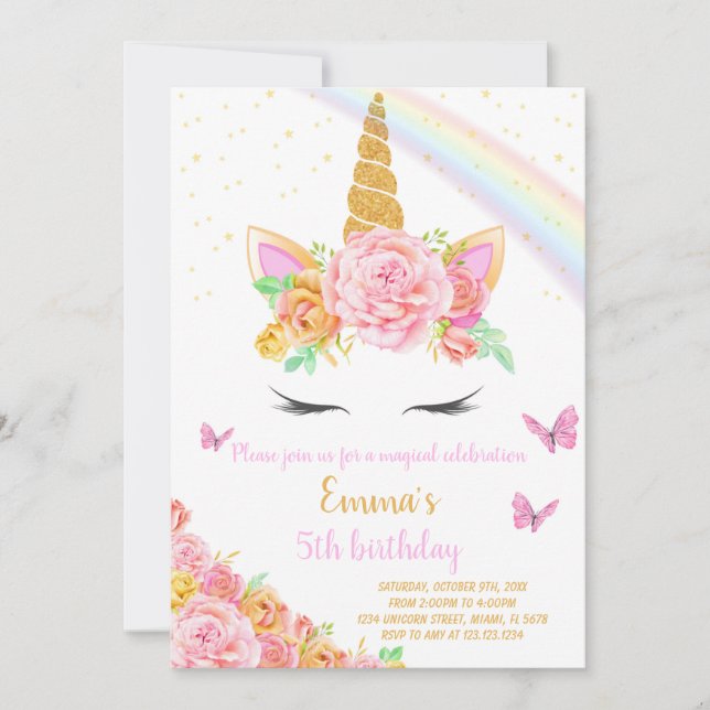 Invitación de cumpleaños de Rainbow Unicorn (Anverso)