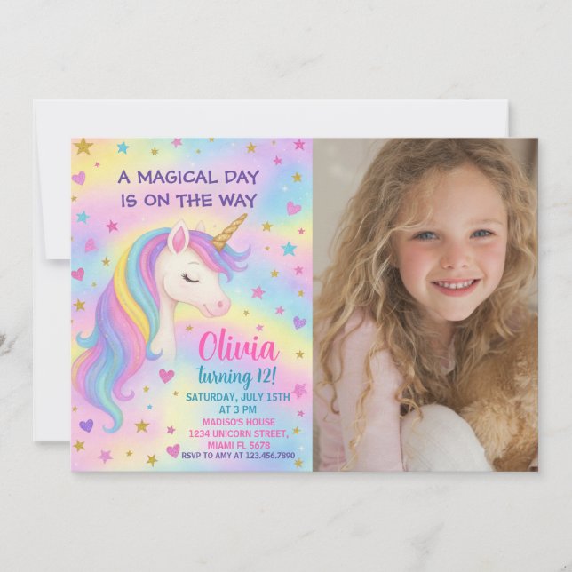 Invitación de cumpleaños de Rainbow Unicorn (Anverso)