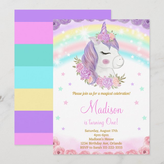 Invitación de cumpleaños de Rainbow Unicorn (Anverso / Reverso)