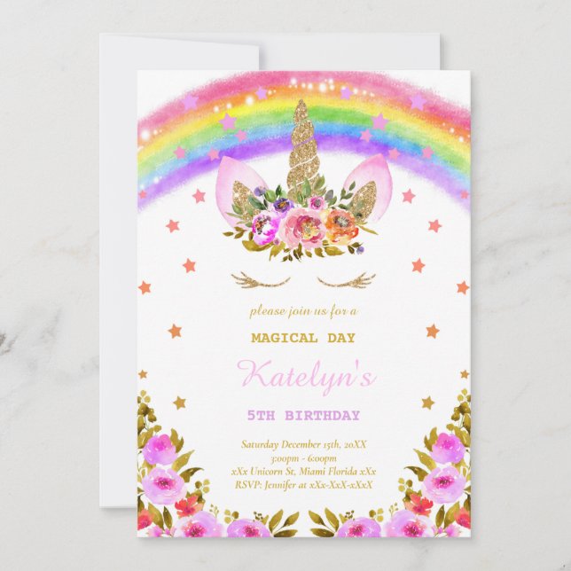Invitación de cumpleaños de Rainbow Unicorn (Anverso)