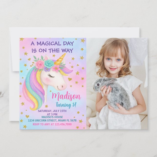 Invitación de cumpleaños de Rainbow Unicorn (Anverso)
