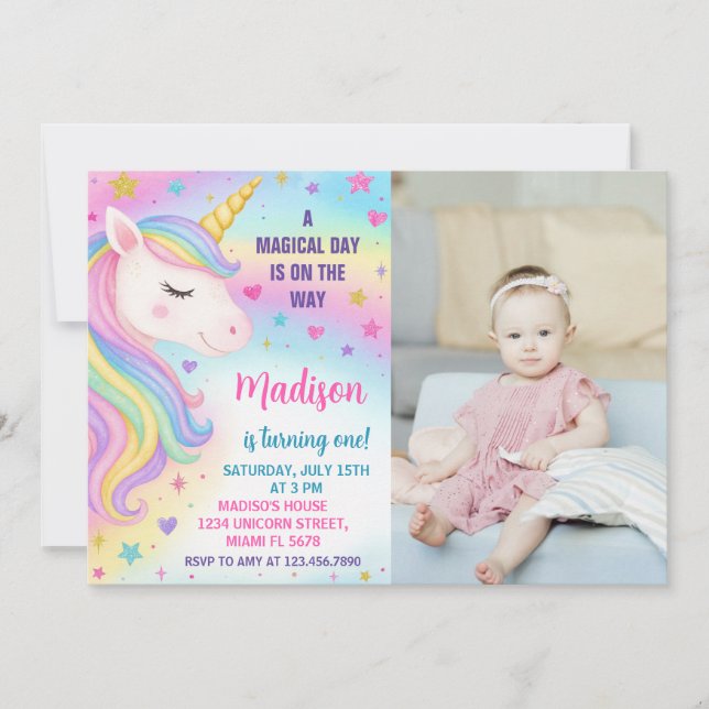 Invitación de cumpleaños de Rainbow Unicorn (Anverso)