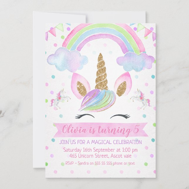Invitación de cumpleaños de Rainbow Unicorn (Anverso)