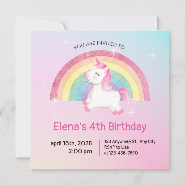 Invitación de cumpleaños de Rainbow Unicorn (Anverso)