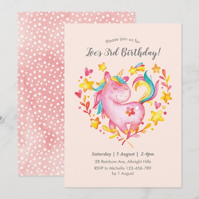 Invitación de cumpleaños de Rainbow Unicorn de col (Anverso / Reverso)