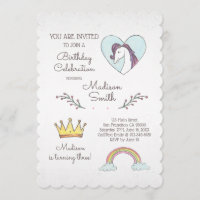 Invitación de cumpleaños de Rainbow Unicorn de col