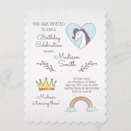 Invitación de cumpleaños de Rainbow Unicorn de col