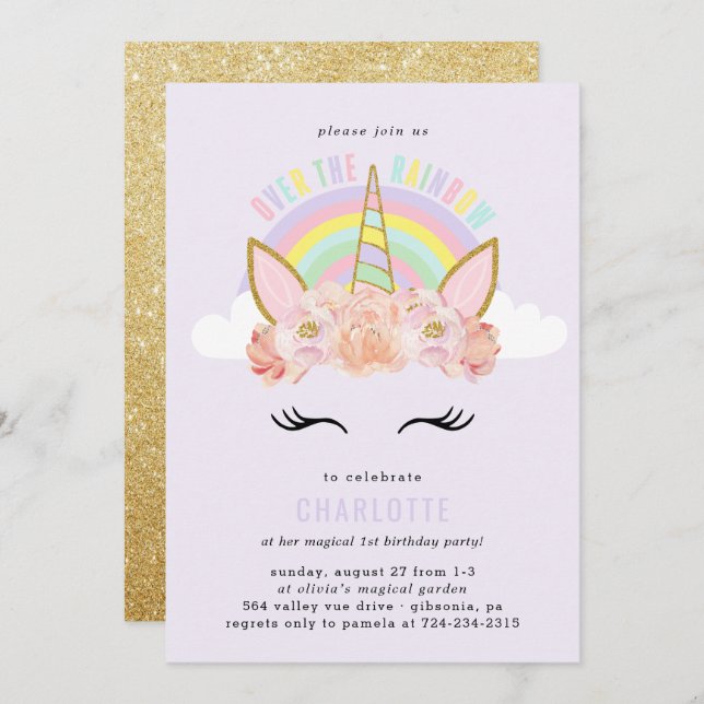 Invitación de cumpleaños de Rainbow Unicorn Oro ro (Anverso / Reverso)