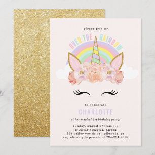 Invitación de cumpleaños de Rainbow Unicorn Oro ro