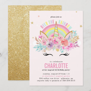 Invitación de cumpleaños de Rainbow Unicorn Oro ro