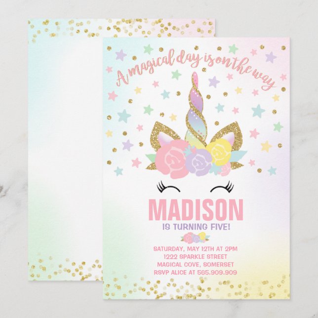 Invitación de cumpleaños de Rainbow Unicorn Oro ro (Anverso / Reverso)