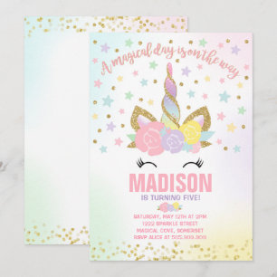 Invitación de cumpleaños de Rainbow Unicorn Oro ro