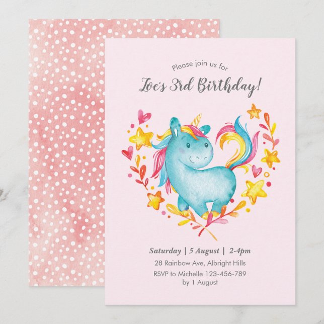 Invitación de cumpleaños de Rainbow Unicorn para n (Anverso / Reverso)