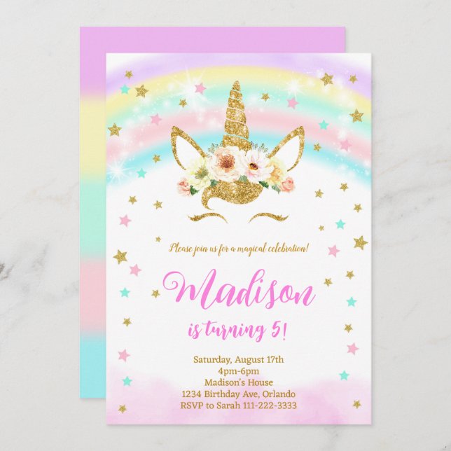 Invitación de cumpleaños de Rainbow Unicorn Purpur (Anverso / Reverso)