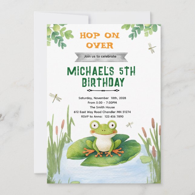 Invitación de cumpleaños de rana sapo linda (Anverso)
