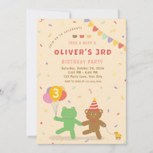 Invitación de cumpleaños de rana y oso lindo
