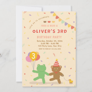 Invitación de cumpleaños de rana y oso lindo