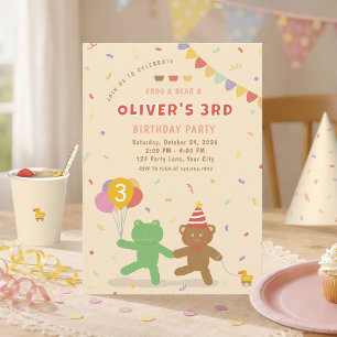 Invitación de cumpleaños de rana y oso lindo