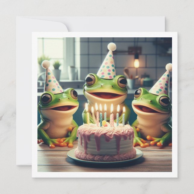 Invitación de cumpleaños de ranas fiestas comiendo (Anverso)