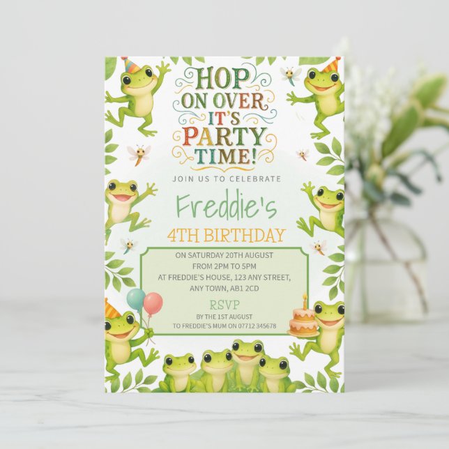 Invitación de cumpleaños de ranas para fiesta temá (Anverso de pie)