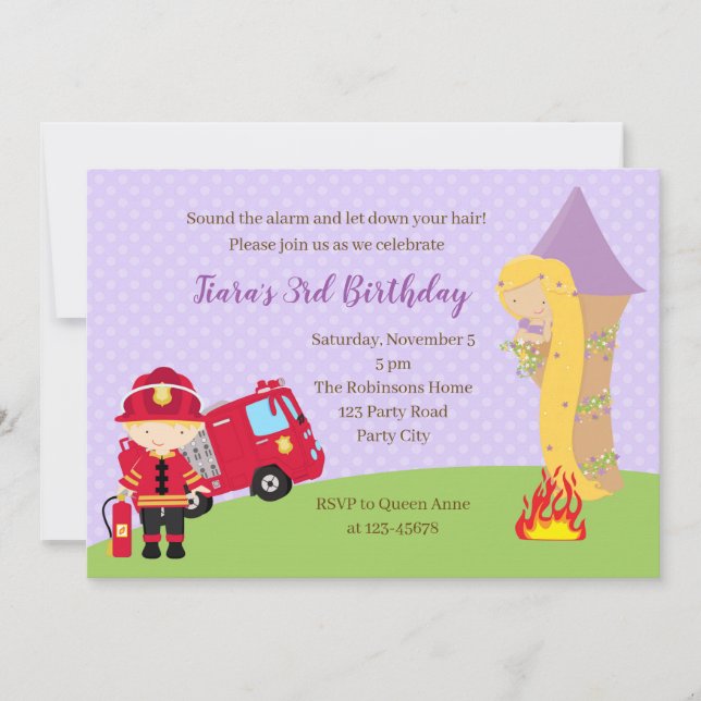 Invitación de cumpleaños de Rapunzel y Firefighter (Anverso)