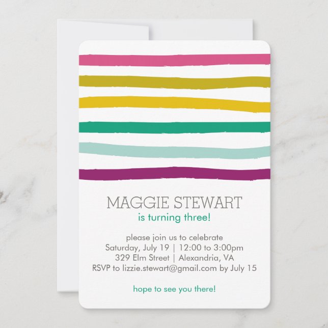Invitación de cumpleaños de rayas arcoiris (Anverso)