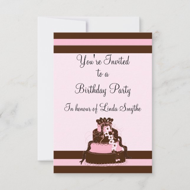 Invitación de cumpleaños de rayas de rosa y chocol (Anverso)