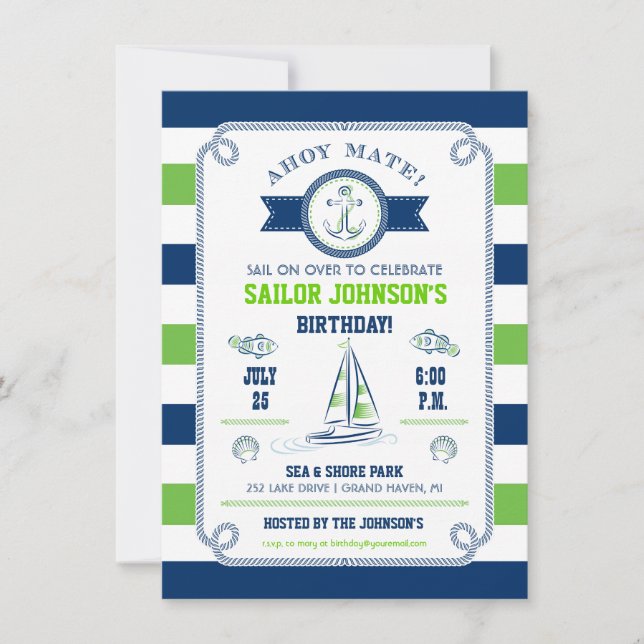 Invitación de cumpleaños de rayas náuticas (Anverso)