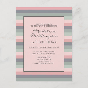Invitación de cumpleaños de rayas rosa pastel, púr