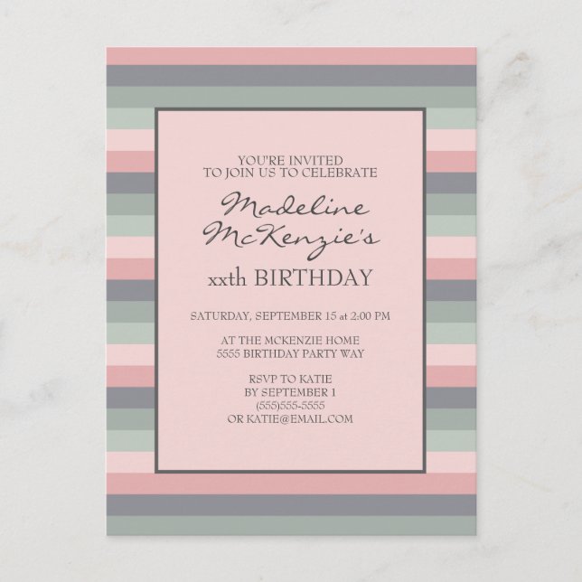 Invitación de cumpleaños de rayas verdes púrpuras  (Anverso)
