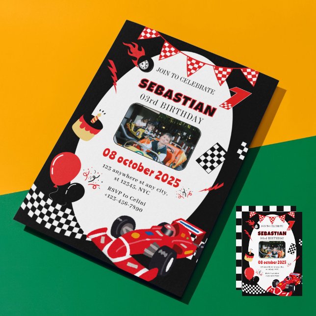 Invitación de cumpleaños de raza roja y negra - fo (Funny Racing Car Birthday Invite)