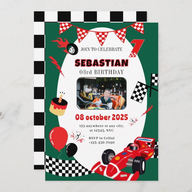 Invitación de cumpleaños de raza verde y negra - c (Anverso / Reverso)