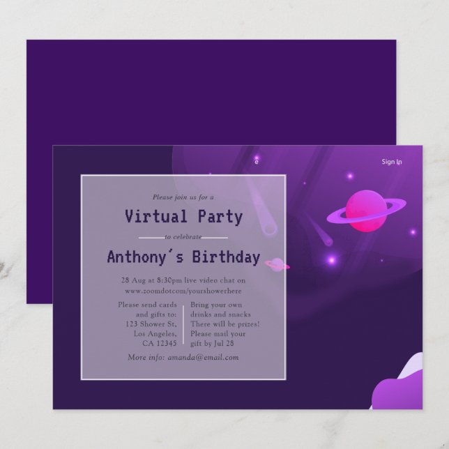 Invitación de cumpleaños de realidad virtual espac (Anverso / Reverso)