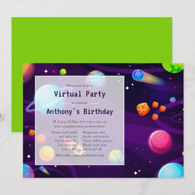 Invitación de cumpleaños de realidad virtual espac (Anverso / Reverso)