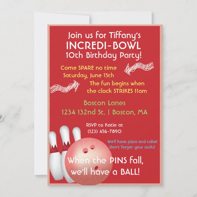 Invitación de cumpleaños de Red Bowling (Anverso)