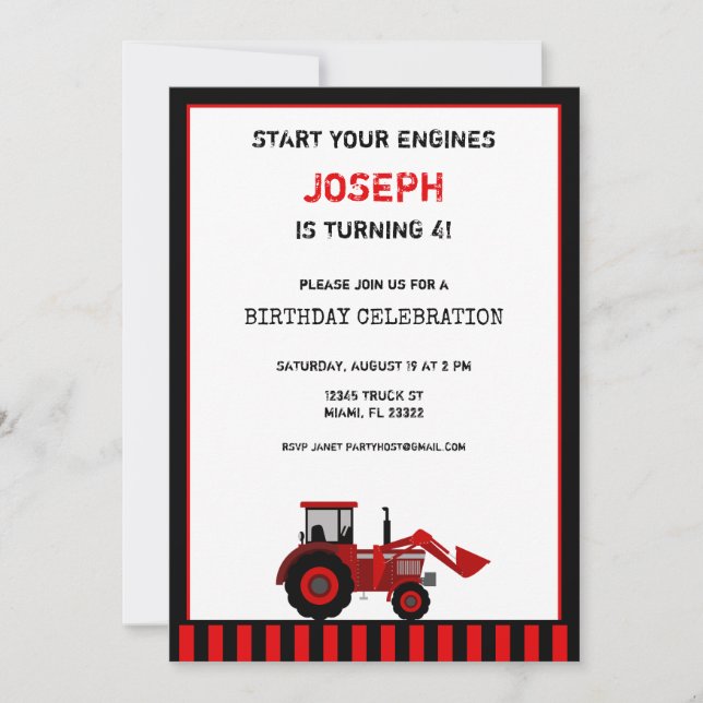 Invitación de cumpleaños de Red Tractor (Anverso)