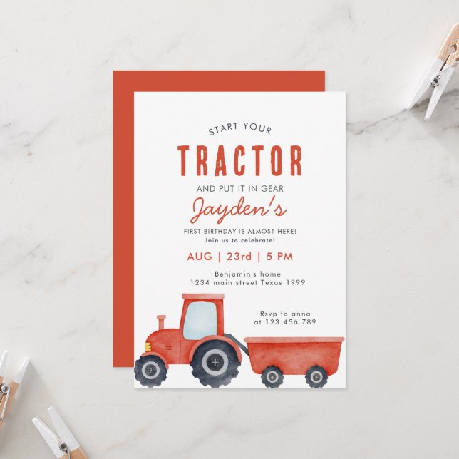 Invitación de cumpleaños de Red Tractor Farm Boy (Anverso/Reverso In Situ)