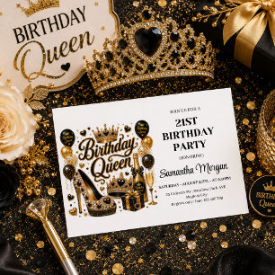 Invitación de cumpleaños de reina con brillo dorad