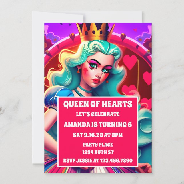 Invitación de cumpleaños de Reina de Corazones 3D (Anverso)