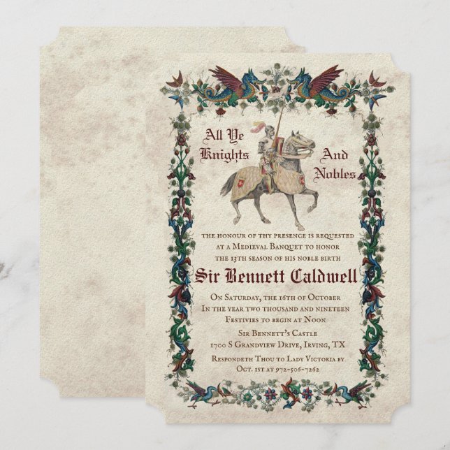 INVITACIÓN DE CUMPLEAÑOS DE RENACIMIENTO MEDIEVAL  (Anverso / Reverso)