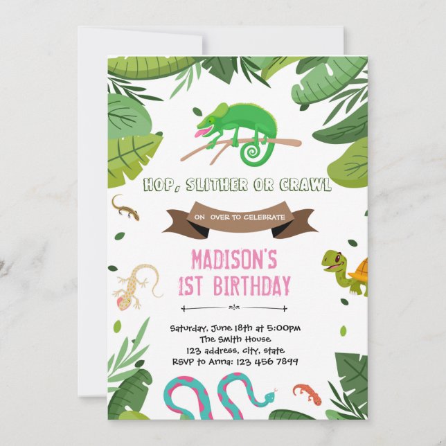 Invitación de cumpleaños de reptiles Chicas (Anverso)
