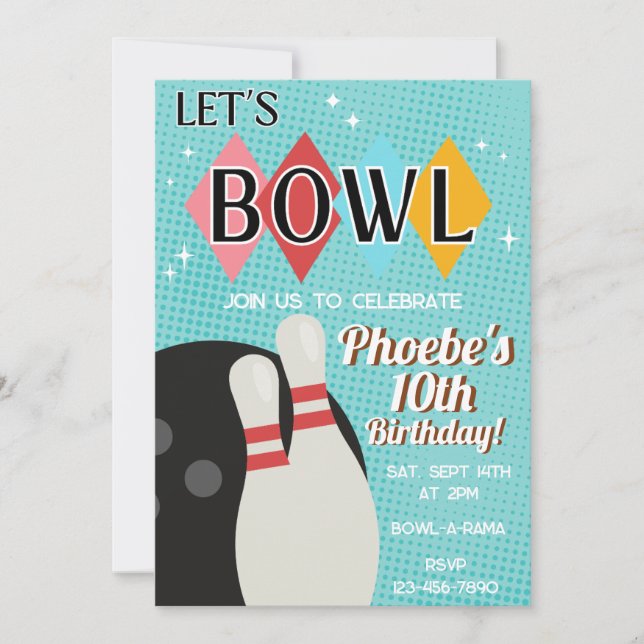 Invitación de Cumpleaños de Retro Bowling Bowl Fie (Anverso)