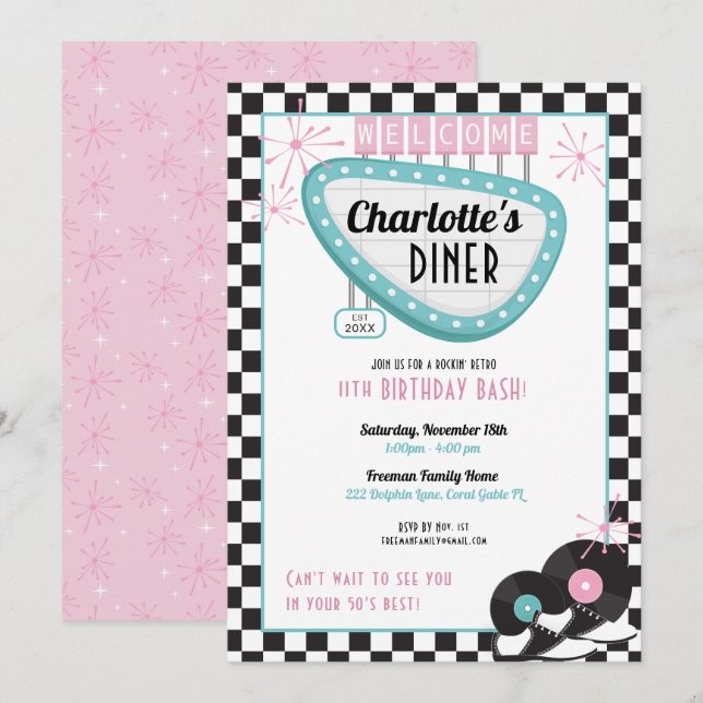 Invitación de cumpleaños de Retro Diner de los año (Anverso / Reverso)