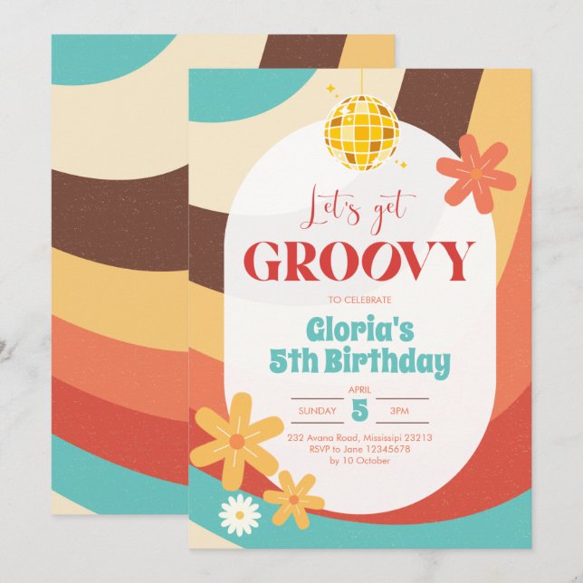 Invitación de cumpleaños de Retro Hippie Groovy (Anverso / Reverso)