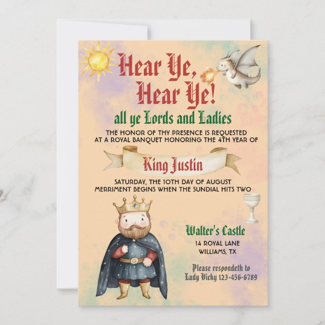 Invitación de cumpleaños de rey medieval renacenti (Anverso)